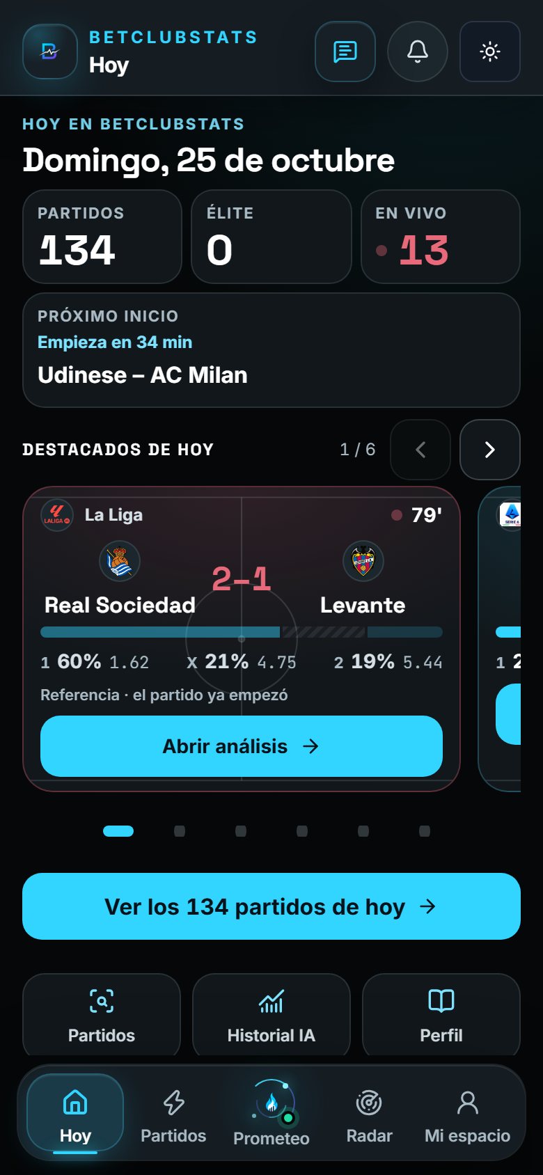 Pantalla Hoy de la app: número de partidos del día, en vivo, próximo inicio y partidos destacados con su reparto de probabilidades.