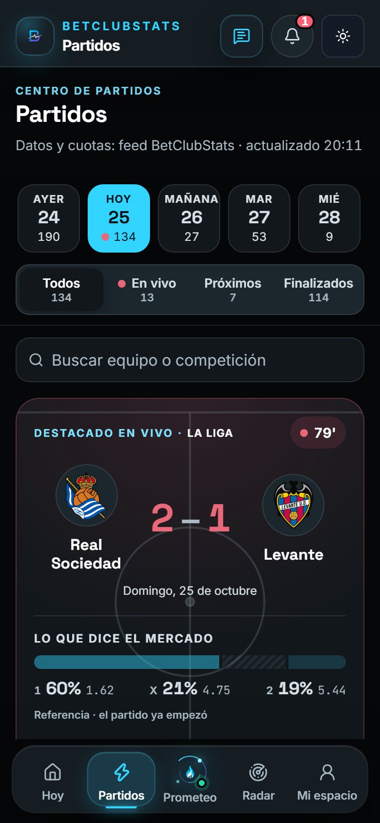Pantalla Partidos: calendario por días, filtros Todos, En vivo, Próximos y Finalizados, y el partido destacado con lo que dice el mercado.