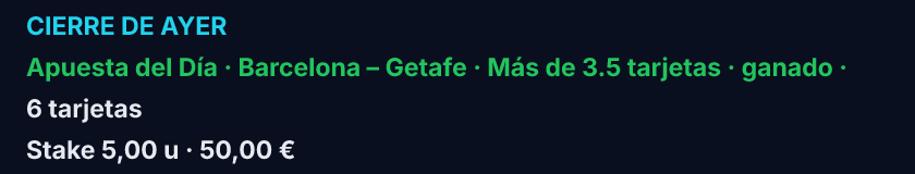 Recorte del resumen 09:00: Apuesta del Día, Barcelona – Getafe, Más de 3.5 tarjetas, ganado, 6 tarjetas, stake 5,00 u.